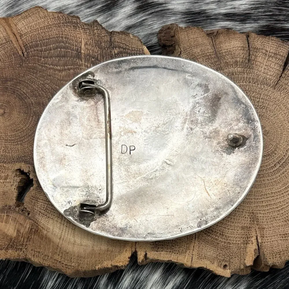 1960s Native American NAVAJO Sterling Silver Turquoise Belt Buckle Cowboy Horse - Picture 2 of 2